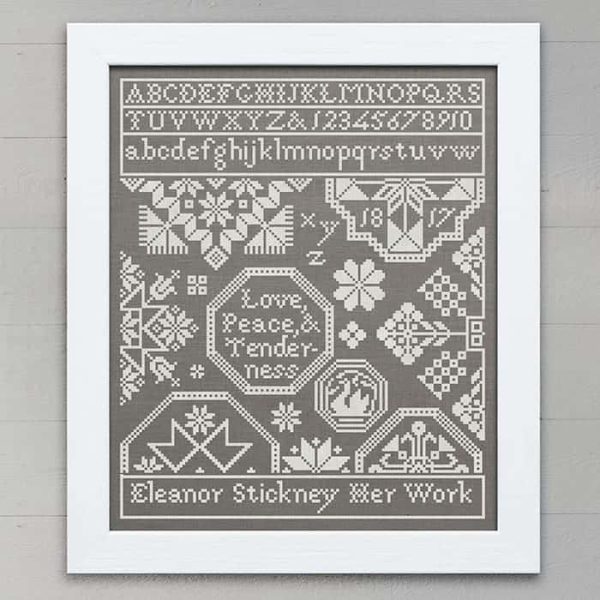 Quaker Sampler: Love, Peace, & Tenderness - original cross-stitch embroidery pattern
