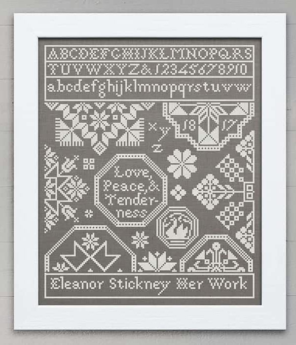 Quaker Sampler: Love, Peace, & Tenderness - original cross-stitch embroidery pattern