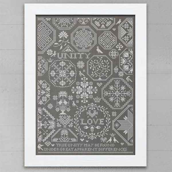 Love & Unity: A Quaker Sampler - original cross stitch embroidery pattern chart by Modern Folk Embroidery