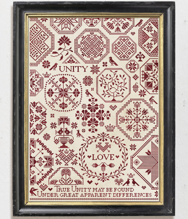 Love & Unity - an original Quaker inspired sampler designed by Modern Folk Embroidery