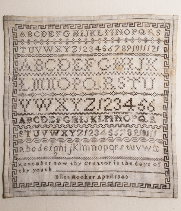 Ellen Hooker 1843 - An English Black Sampler charted by Modern Folk Embroidery