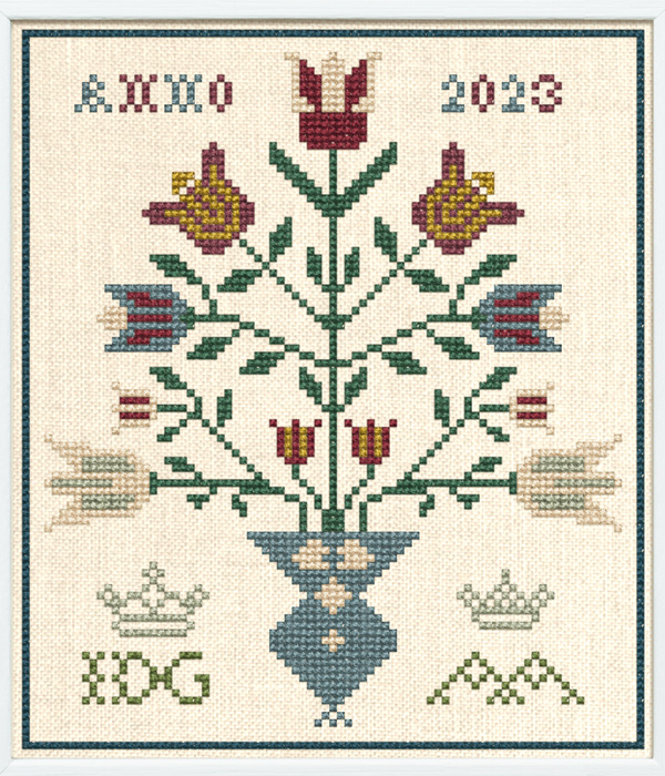 Tulip Vase Pincushion - based on an 18th century Dutch sampler, charted by Modern Folk Embroidery