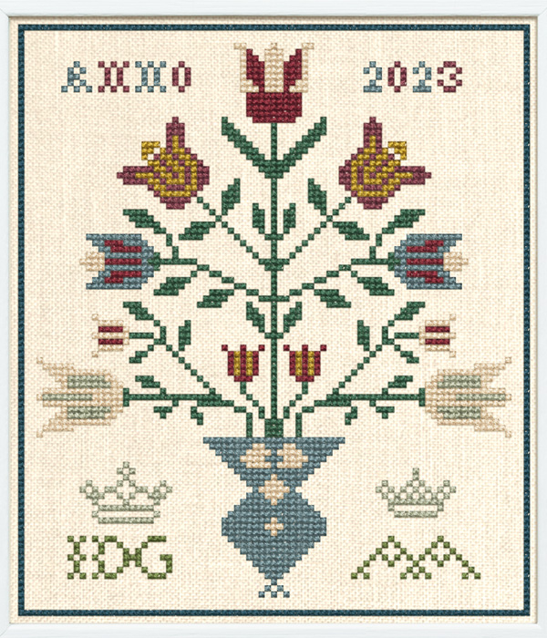 Tulip Vase Pincushion - based on an 18th century Dutch sampler, charted by Modern Folk Embroidery