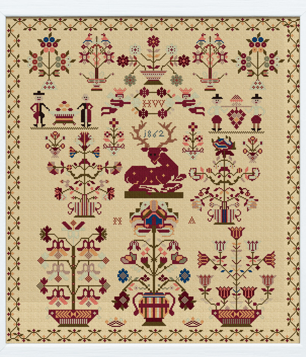 Red deer among roses - a Dutch sampler from 1862 charted by Modern Folk Embroidery
