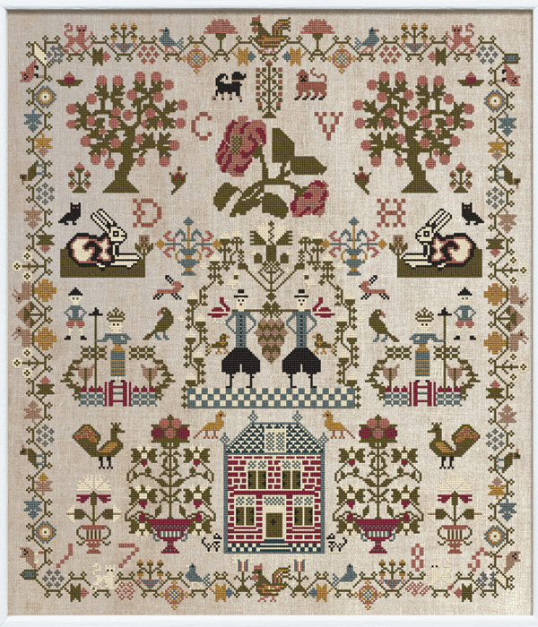 DCVH 1785 - A Dutch Red House Sampler - based on an antique example and charted for cross stitch by Modern Folk Embroidery
