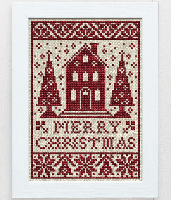 The Cozy Christmas Cottage is a holiday cross stitch pattern with only full crosses designed by Modern Folk Embroidery