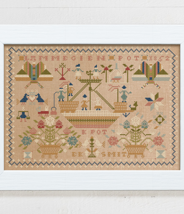 Lammegien Pot is a sampler reproduction from 1852 from the province of Drenthe in the Netherlands, charted by Modern Folk Embroidery
