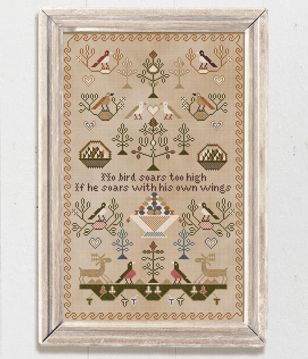 No Bird Soars Too High - a period reproduction sampler based on an English original charted by Modern Folk Embroidery