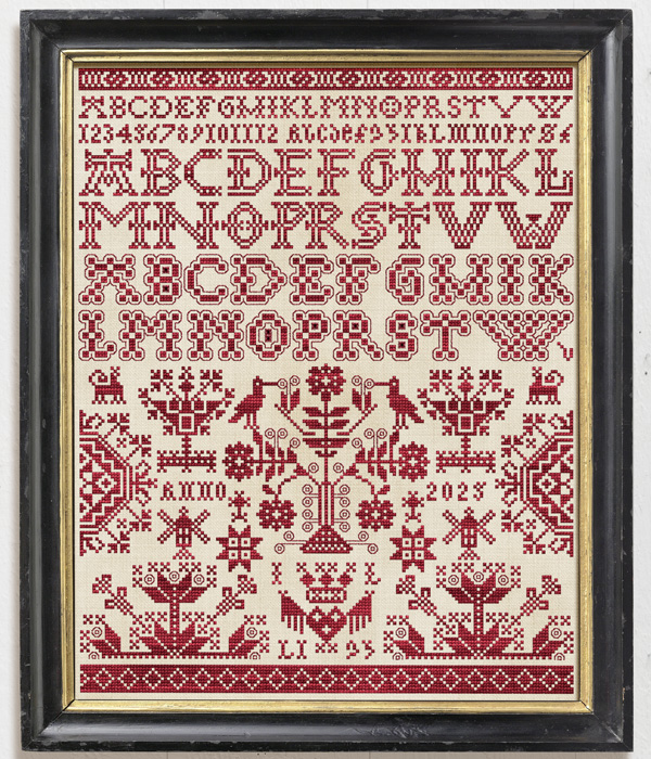 A Winged Heart is an original cross-stitch chart designed by Modern Folk Embroidery, inspired by Frisian samplers