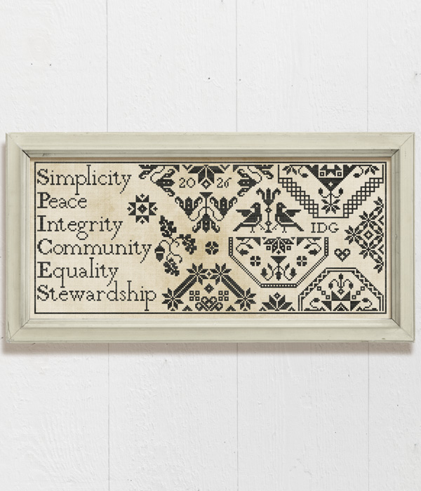 SPICES - a Quaker Style cross-stitch sampler inspired by the six core values of Quakerism, designed by Modern Folk Embroidery